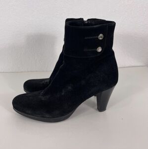 La Canadienne Black Leather Suede Mid Calf High Heel Boots
